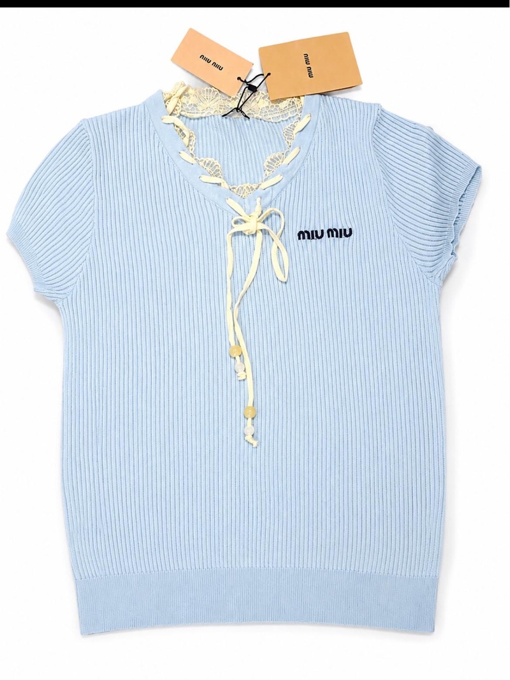 Miu Miu Pale Blue Ribbed Knit Top with Cream Lace Trim